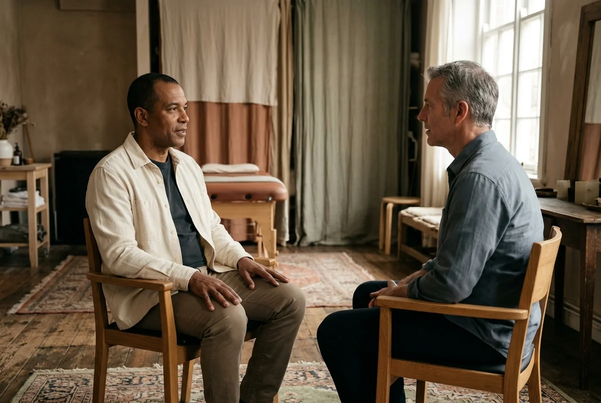 Two adults seated facing each other in a private care conversation.