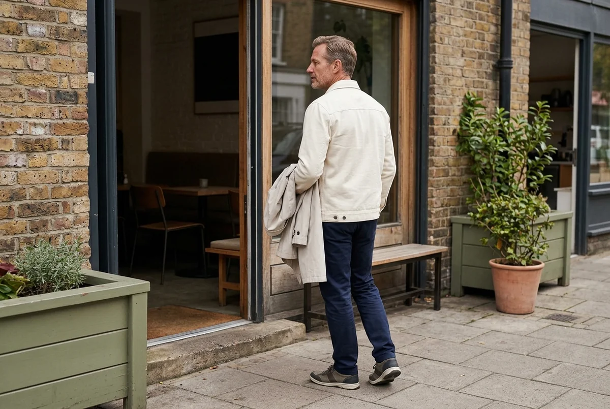A person arriving at the open entrance of a neighborhood café.