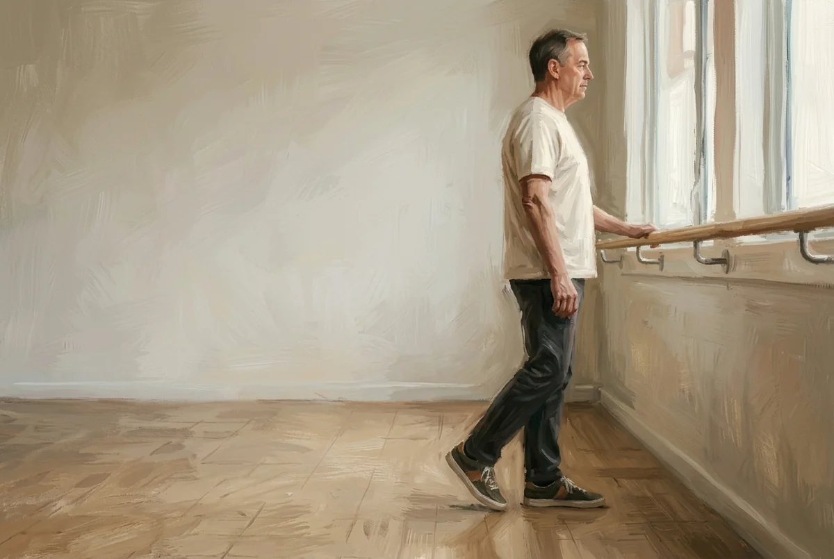 A person taking a short step beside a wall-mounted handrail.