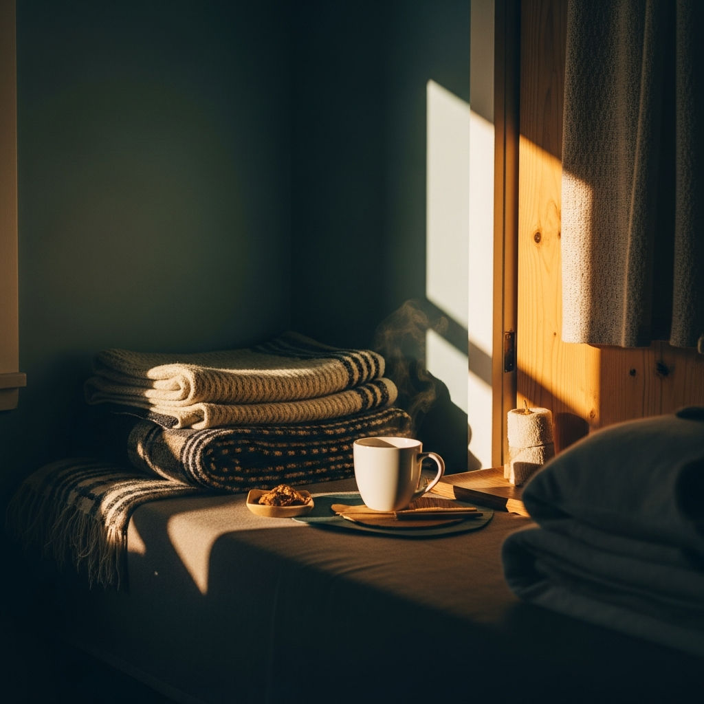 Soft golden afternoon light across folded blankets and a cup of tea in a quiet teal-toned room