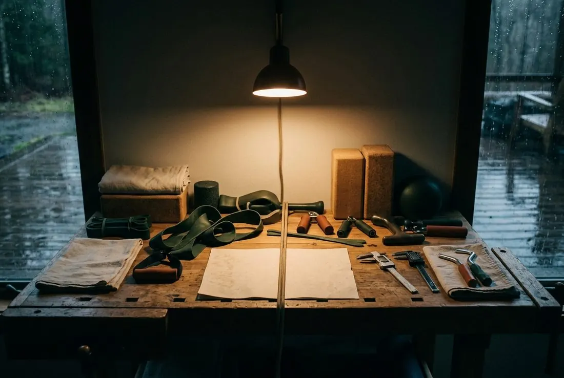 A wooden bench under a lamp with towels, bands and tools laid out